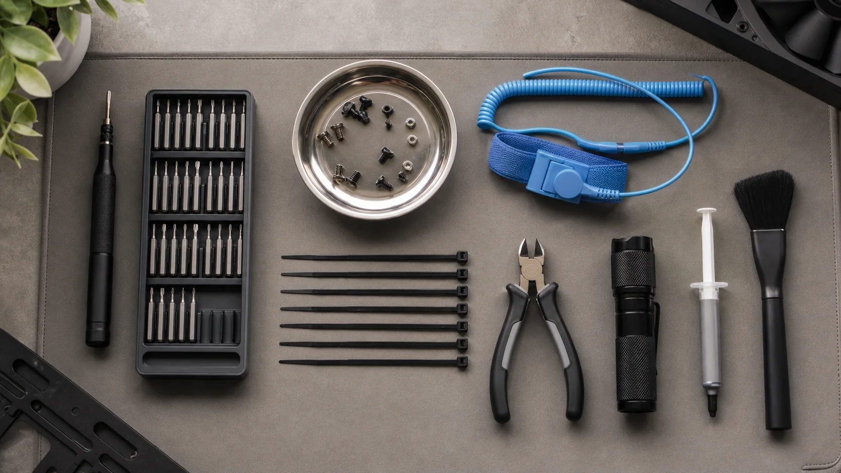 Organized PC building toolkit with screwdriver bits and antistatic strap