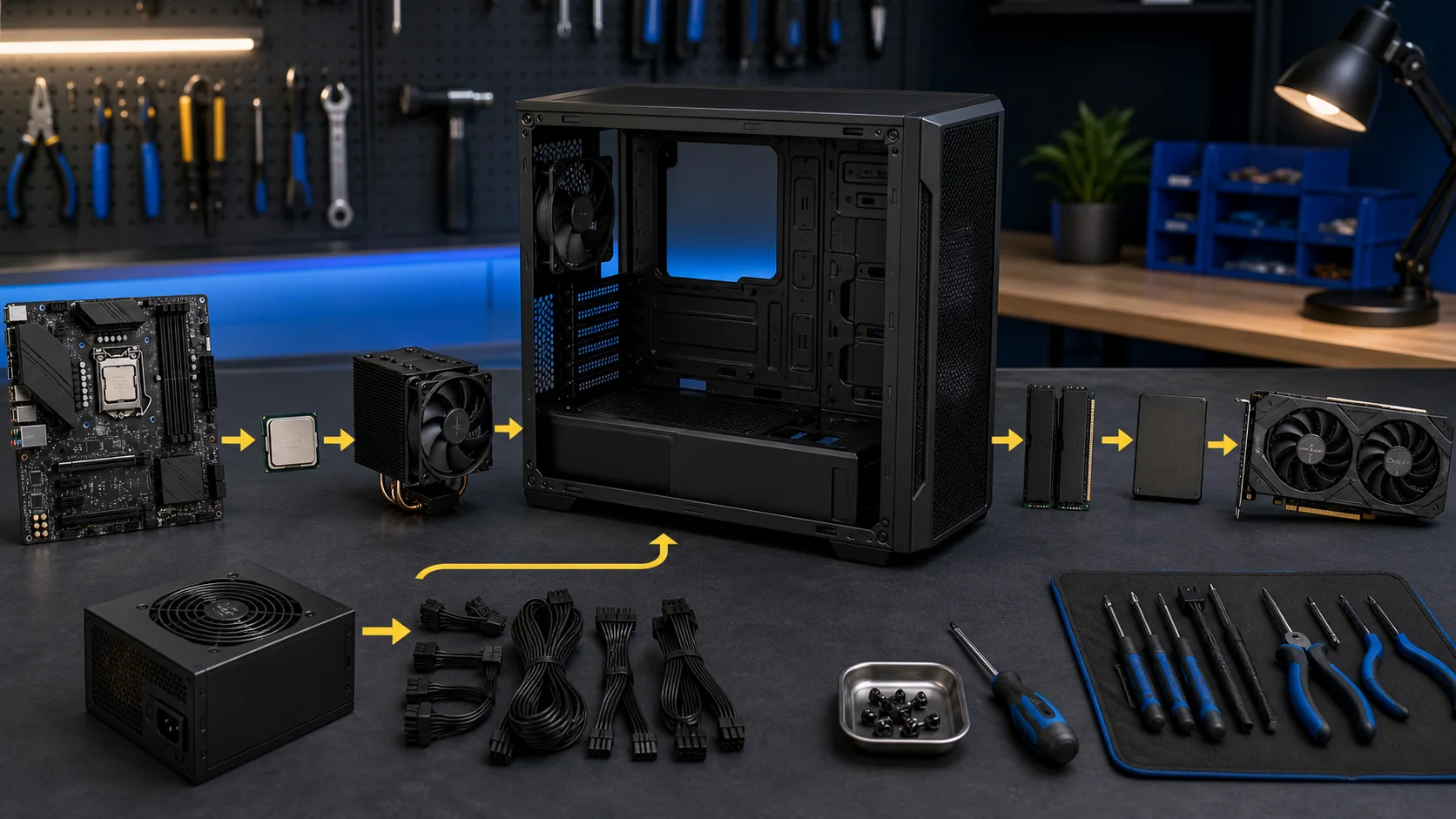 Gaming PC components arranged in a safe assembly sequence