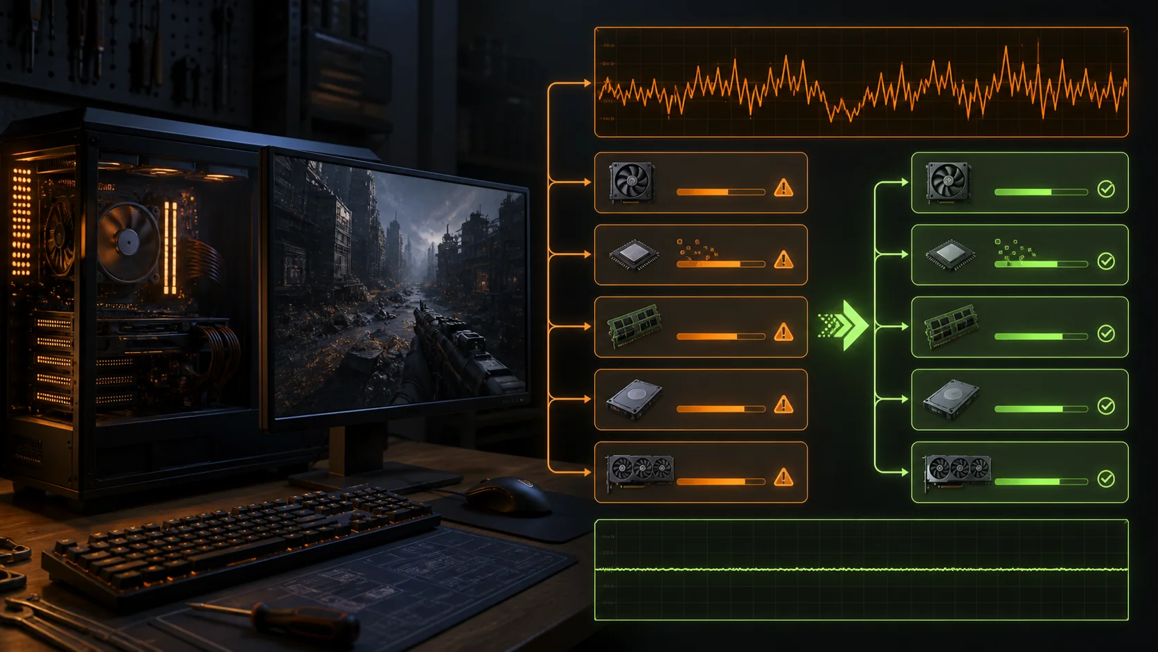 Gaming PC diagnostic workflow for fixing FPS drops and unstable frame times