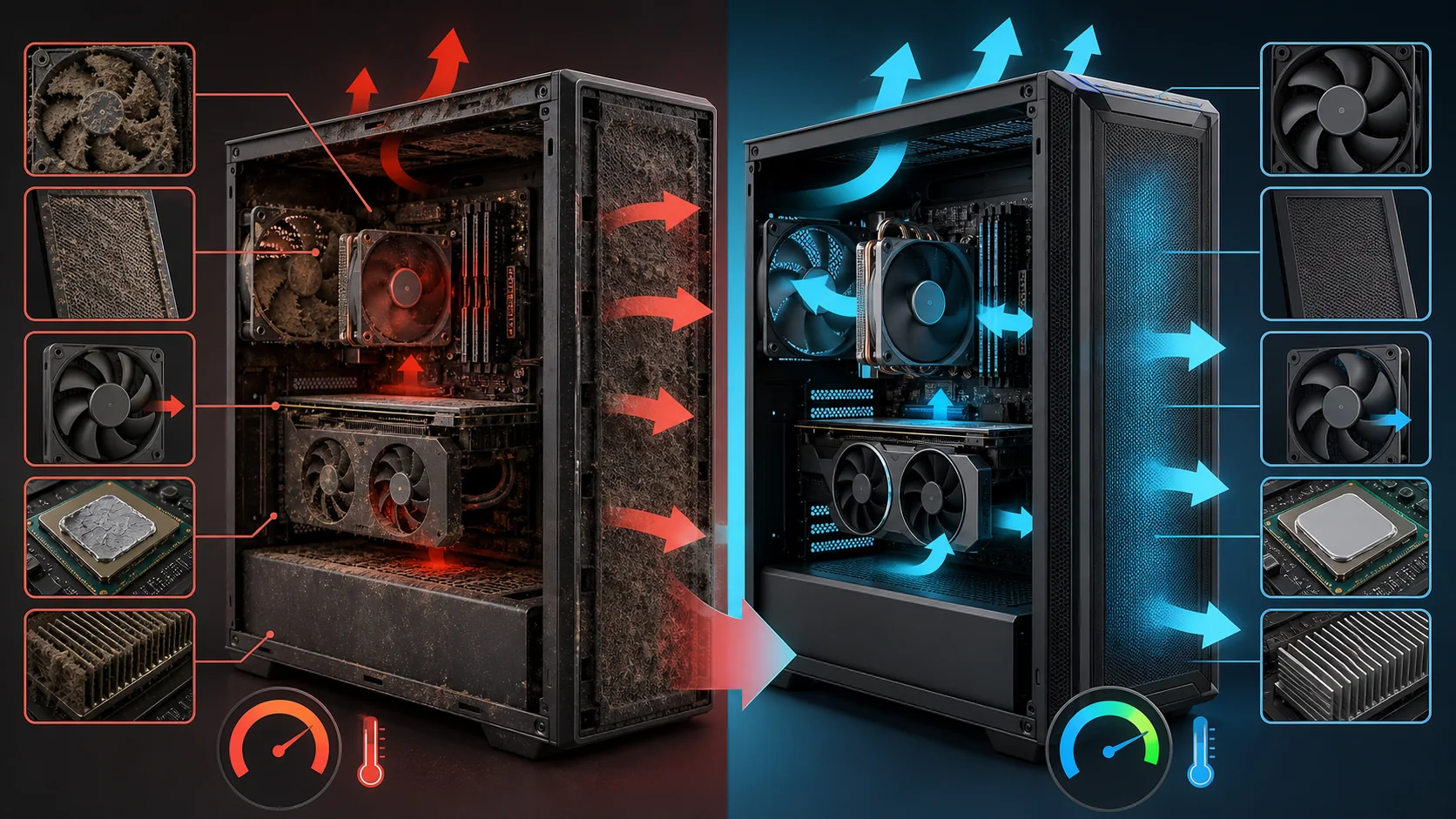 PC overheating causes and fixes including dust airflow fans and thermal paste