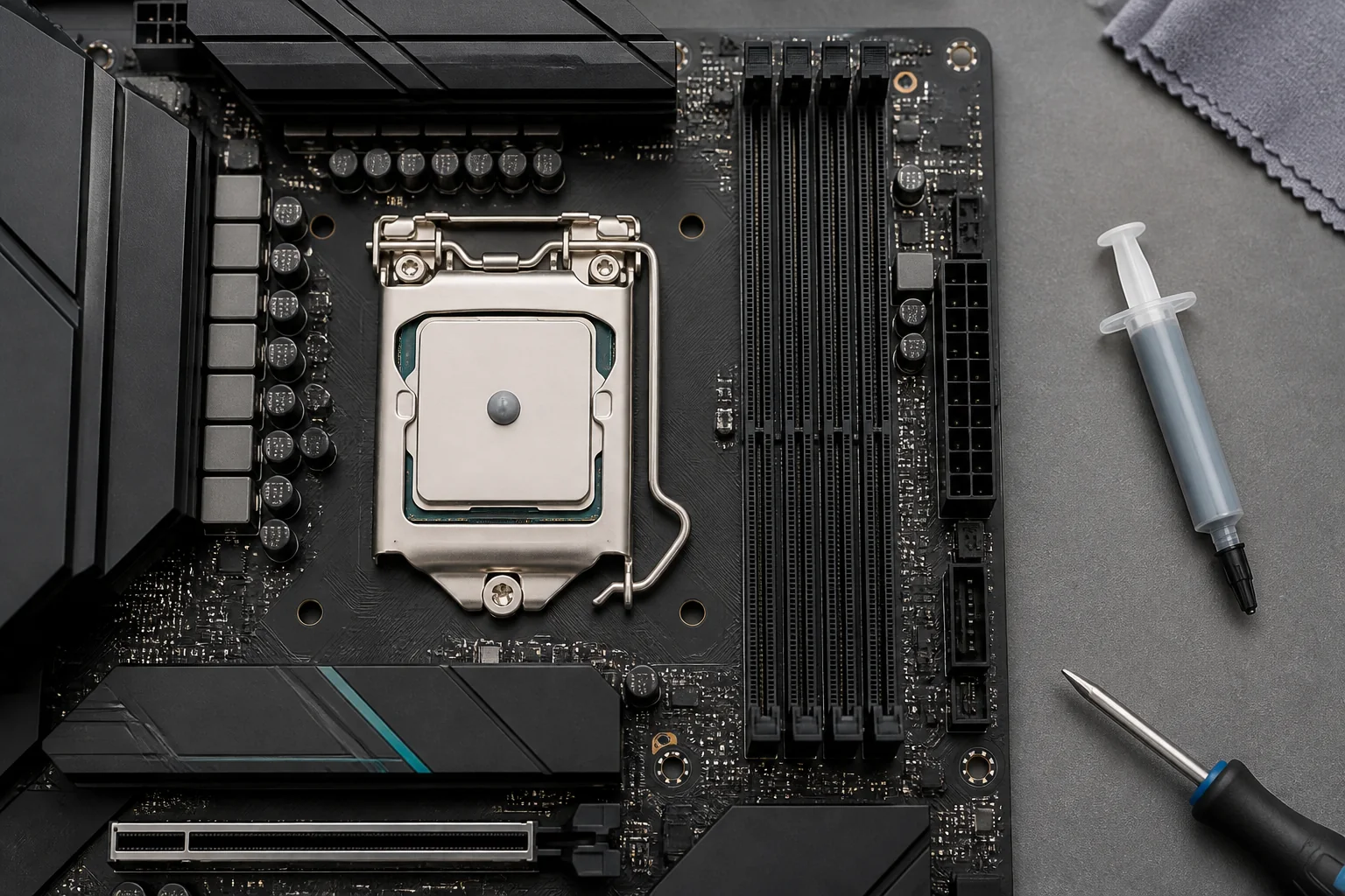 Pea-sized thermal paste dot centered on a desktop CPU before installing the cooler