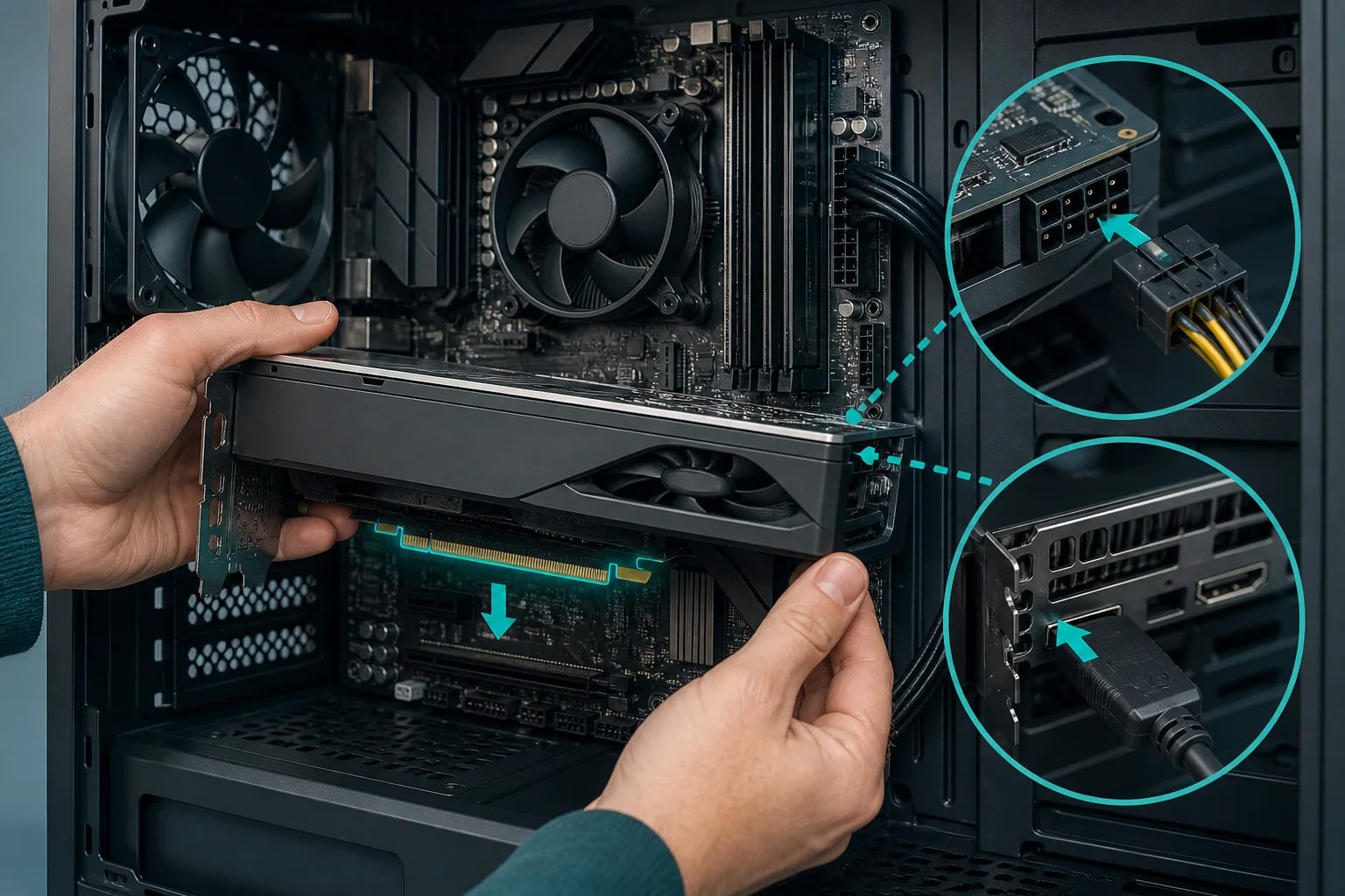 Graphics card being reseated with PCIe power and display connections highlighted