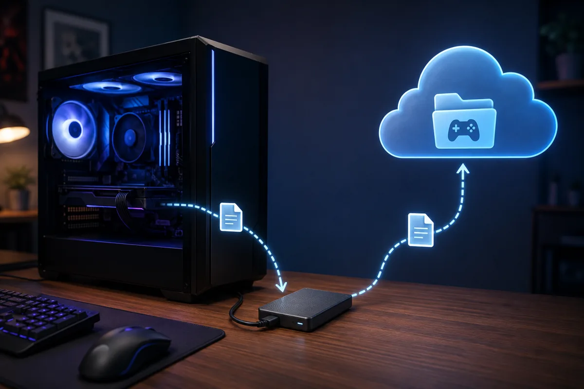 Game-save files represented between a gaming PC, external drive and cloud backup