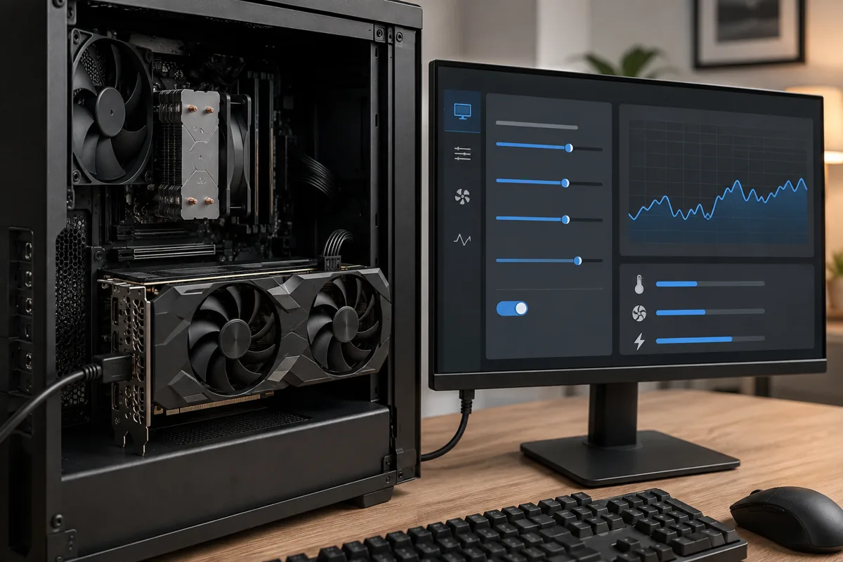Desktop graphics card and connected monitor displaying a conceptual settings and performance panel