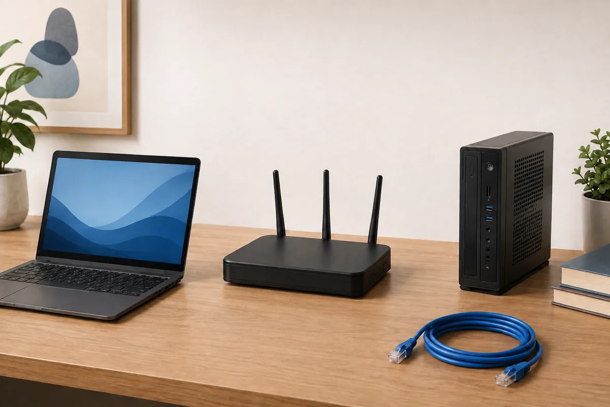 Home router and unconnected Ethernet cable between a laptop and desktop computer