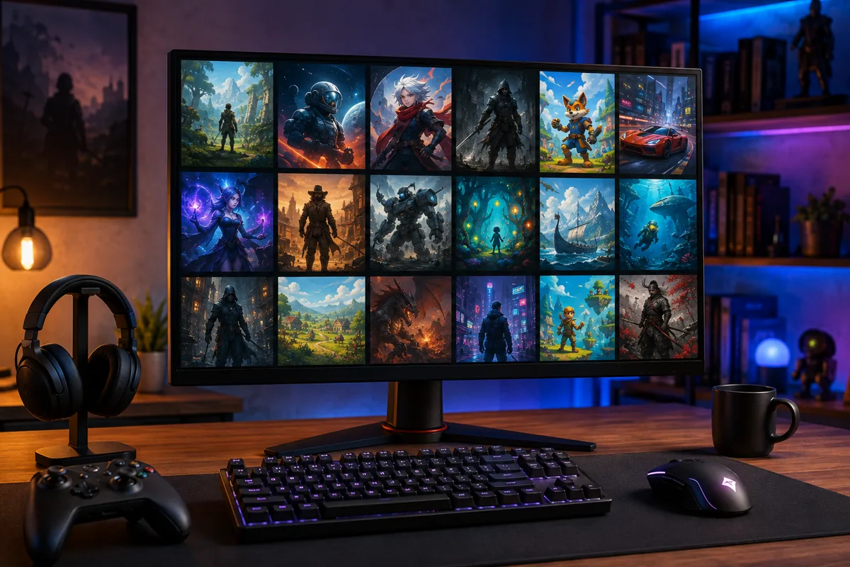PC gaming desk with a monitor displaying a library of fictional game-cover tiles