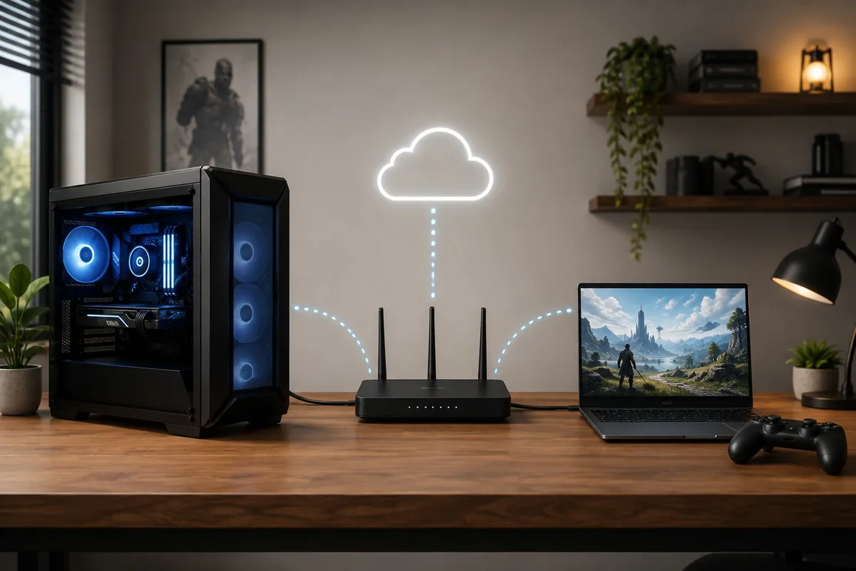 Gaming desktop and laptop connected through a router in a cloud-streaming concept