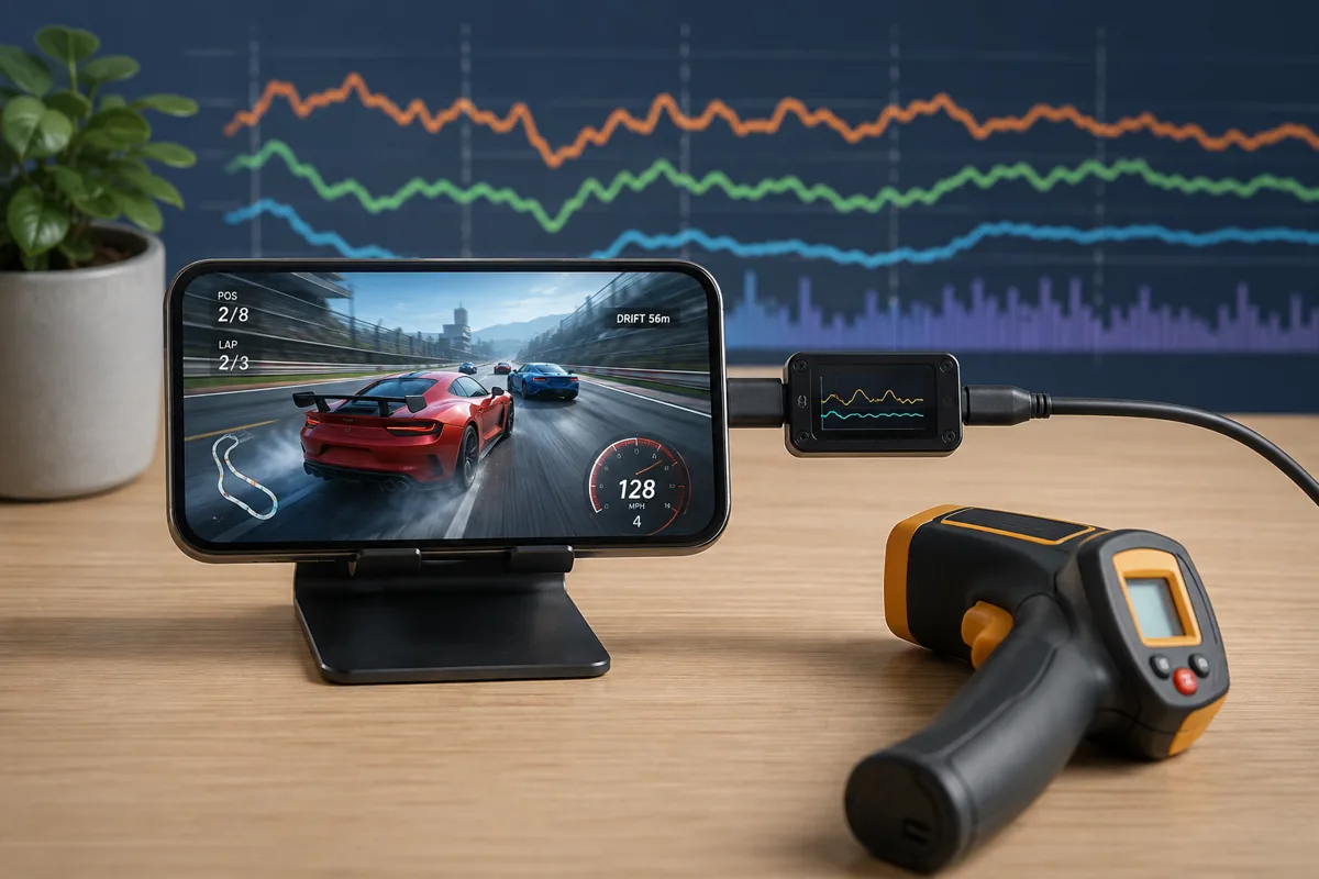 Smartphone showing a racing game beside tools used to observe gaming performance and heat
